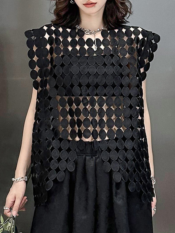 Haut sans manches à col rond et ourlet irrégulier, couleur unie, ample et creux 