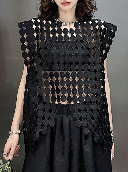 Haut sans manches à col rond et ourlet irrégulier, couleur unie, ample et creux 