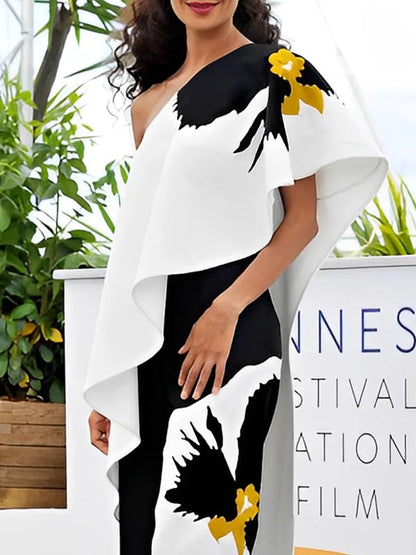 Loose Sleeveless Asymmetric Flower Print One-Shoulder Blouses&Shirts Tops