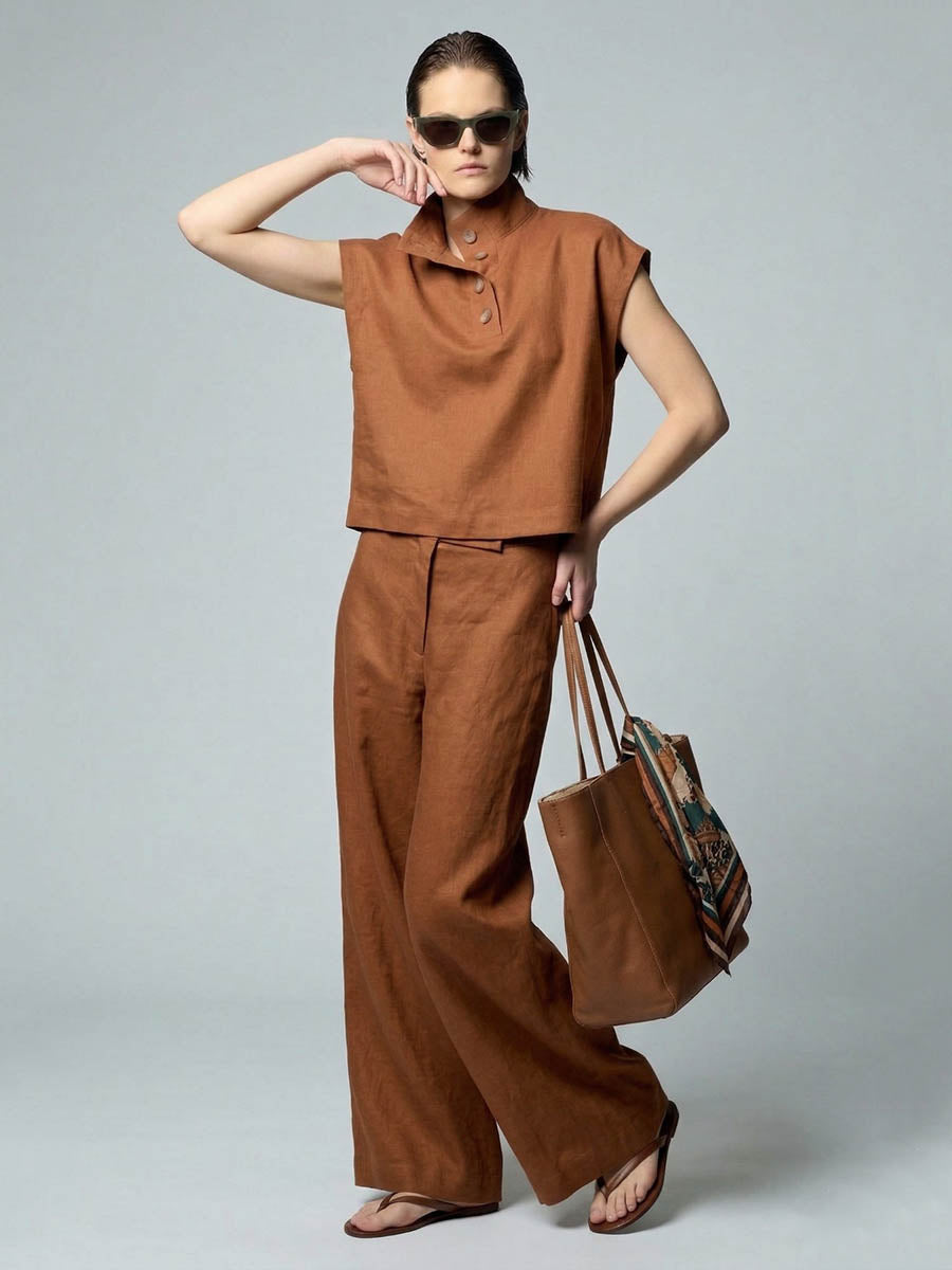 Cropped Sleeveless Buttoned Solid Color Split-Joint Stand Collar Blouses&Shirts Tops