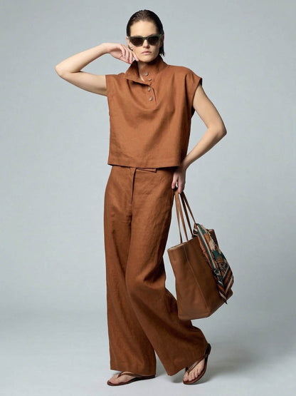 Cropped Sleeveless Buttoned Solid Color Split-Joint Stand Collar Blouses&Shirts Tops