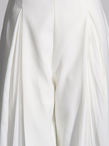 Long Sleeves Buttoned Solid Color Split-Joint Round-Neck Blazers Top + Zipper Wide Leg Mesh Pleated Pants Bottom Two Pieces Set