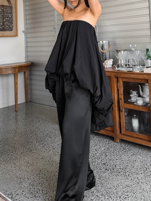 High-Low Sleeveless Elasticity Pleated Solid Color Split-Joint Tube Blouses&Shirts Tops