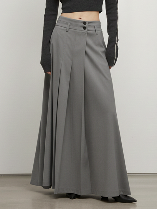 A-Line High Waisted Big Hemline Buttoned Pleated Solid Color Skirts Bottoms