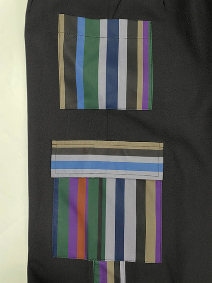 High Waisted Loose Pockets Split-Joint Striped Pants Trousers