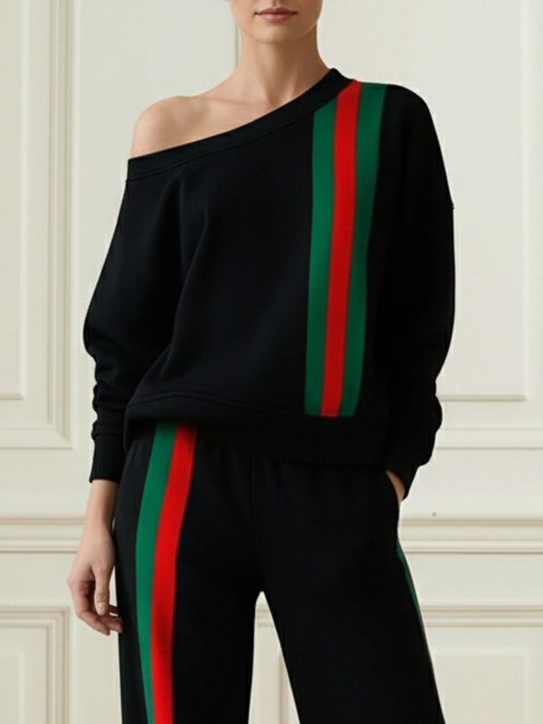 Loose Asymmetric Contrast Color Ribs Split-Joint One-Shoulder Sweatershirt