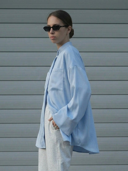 Flared Sleeves Long Sleeves Buttoned Pockets Solid Color Stand Collar Blouses&Shirts Tops
