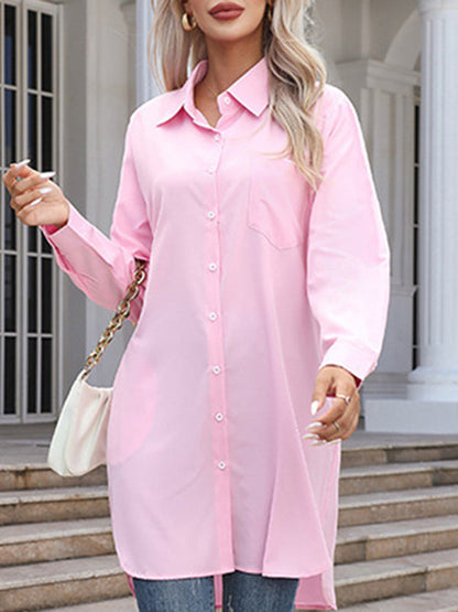 High-Low Irregular Clipping Solid Color Split-Joint Lapel Blouses