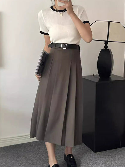 A-Line High Waisted Pleated Solid Color Split-Joint Skirts