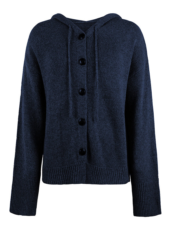 Cardigan boutonné à capuche de couleur unie 