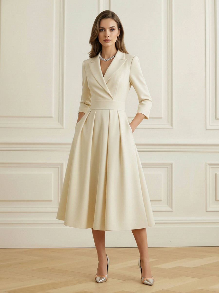 A-Line Elasticated Waist Big Hemline Pleated Solid Color Split-Joint Notched Collar Blazer Midi Dresses