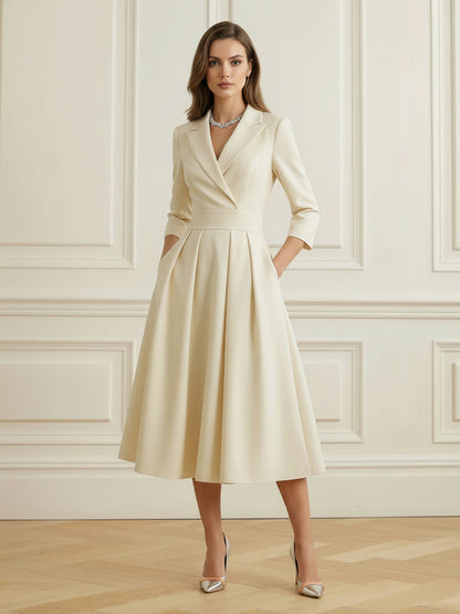 A-Line Elasticated Waist Big Hemline Pleated Solid Color Split-Joint Notched Collar Blazer Midi Dresses