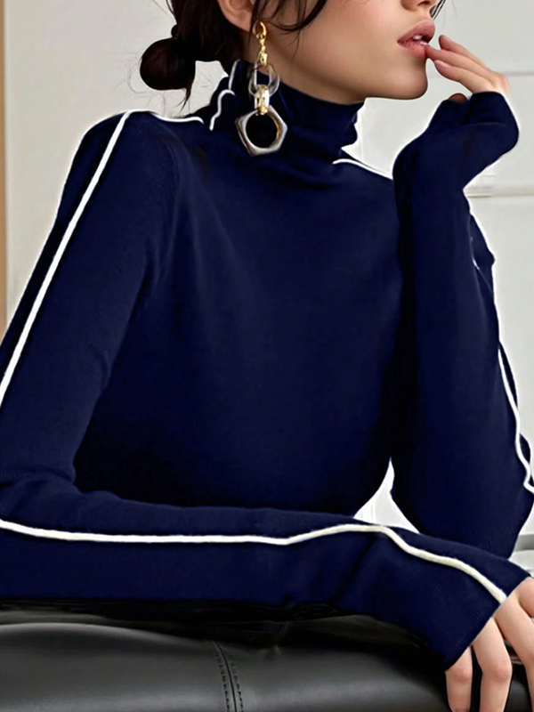 Long Sleeves Striped High Neck Pullovers