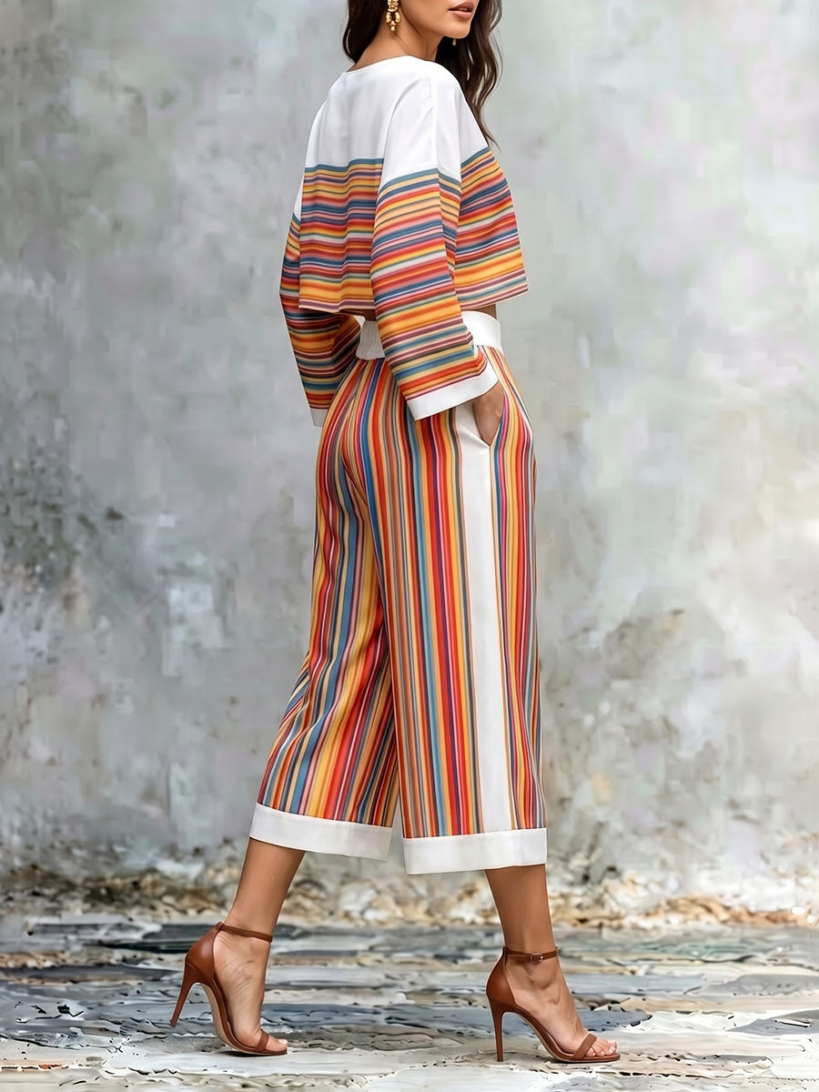 Striped Pockets Colorful Wide Leg Loose Cropped Trousers