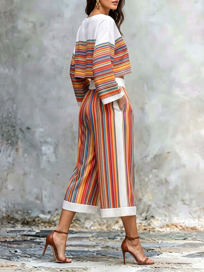 Striped Pockets Colorful Wide Leg Loose Cropped Trousers