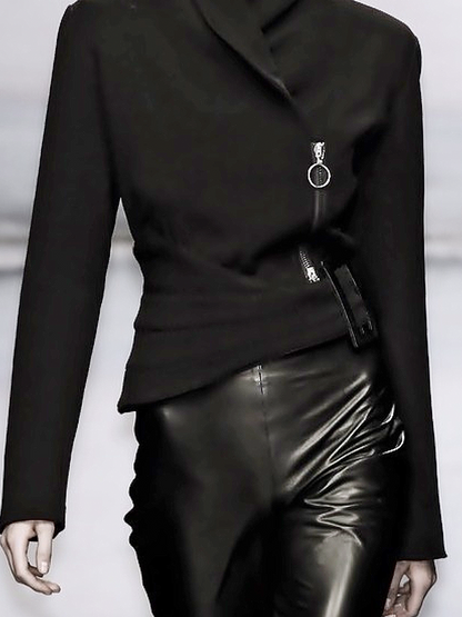 Long Sleeves Asymmetric Solid Color Zipper Stand Collar Jackets