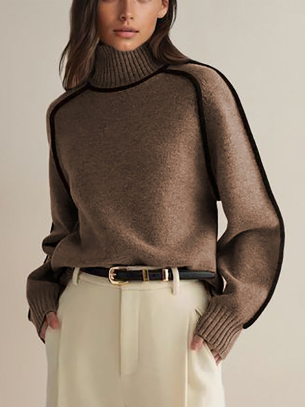 Long Sleeves Loose Contrast Color Split-Joint High Neck Pullovers Sweater Tops COFFEE