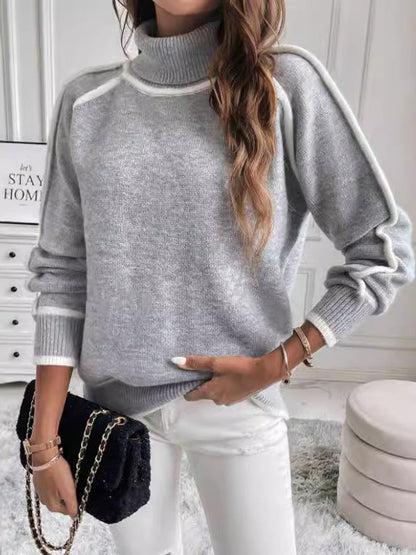 Long Sleeves Loose Contrast Color Split-Joint High Neck Sweater Tops