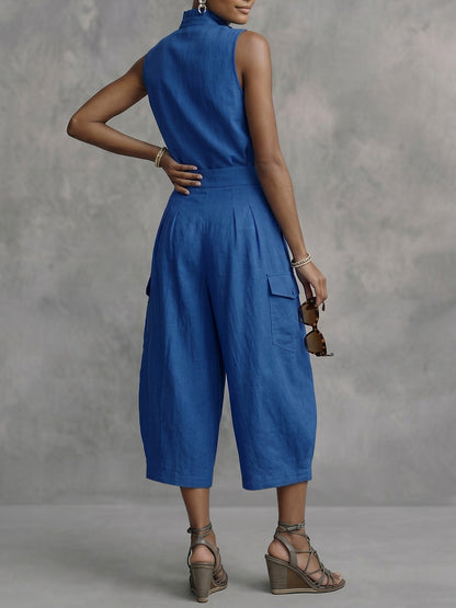 Sleeveless Buttoned Ruffled Solid Color Stand Collar Blouses&Shirts Tops