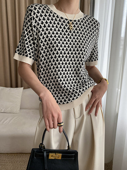 Half Sleeves Houndstooth Round-Neck Sweater Tops