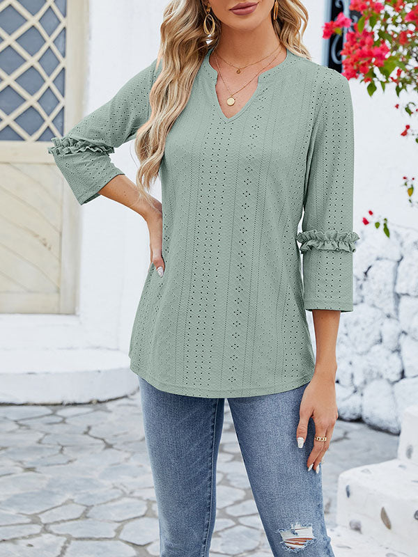Loose Three-Quarter Sleeves Jacquard Solid Color V-Neck T-Shirts Tops
