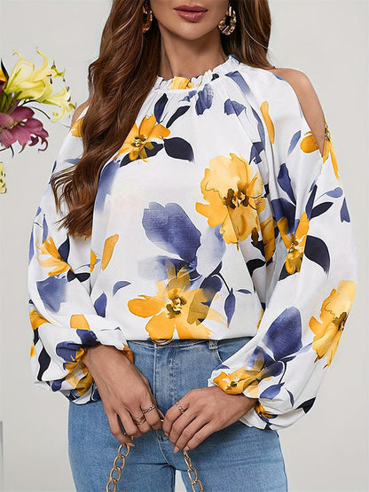 Long Sleeves Loose Elasticity Flower Print Pleated Cold Shoulder Blouses&Shirts Tops