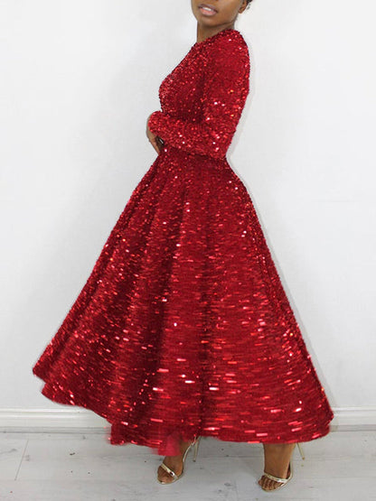 Robe longue trapèze taille haute à paillettes, fermeture éclair fendue et col rond 