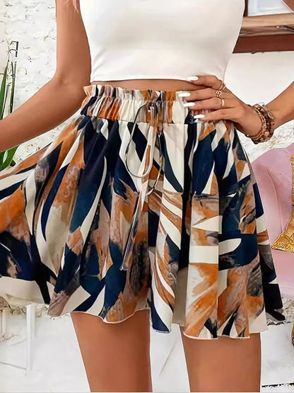 High Waisted Loose Drawstring Elasticity Printed Split-Joint Shorts
