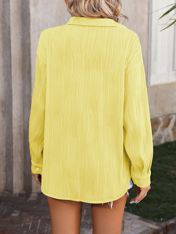 Long Sleeves Buttoned Jacquard Pleated Solid Color Blouses&Shirts Tops