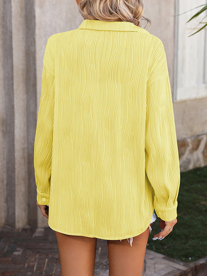 Long Sleeves Buttoned Jacquard Pleated Solid Color Blouses&Shirts Tops
