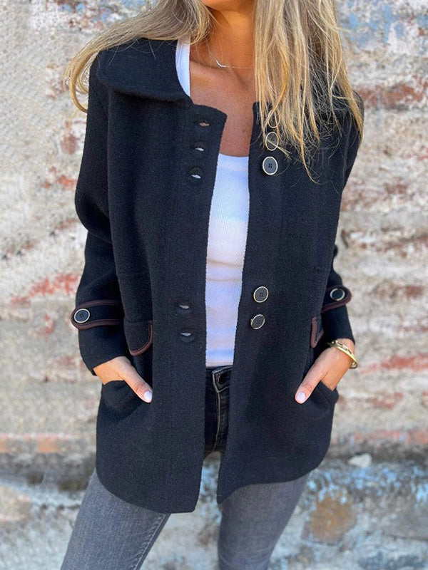 Long Sleeves Loose Buttoned Split-Joint Lapel Outerwear BLACK