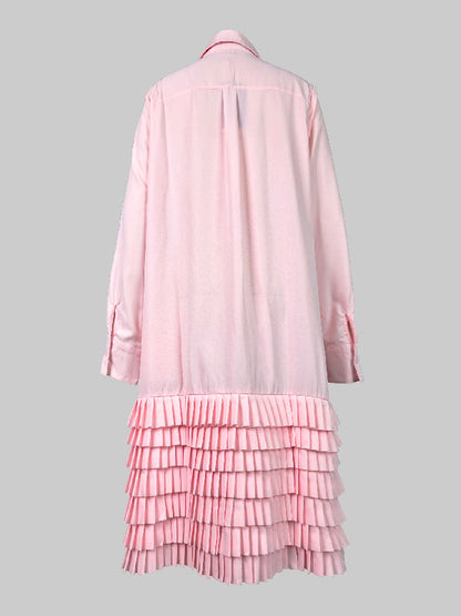 A-Line Long Sleeves Layered Pleated Pockets Solid Color Split-Joint Lapel Midi Dresses Shirt Dress