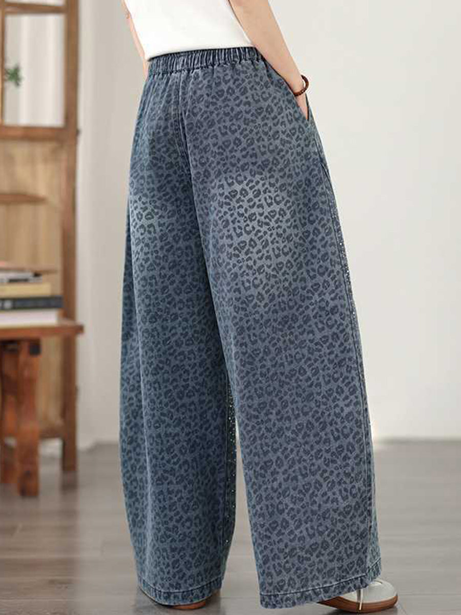 High Waisted Wide Leg Elasticity Leopard Pockets Rhinestone Shiny Solid Color Tied Waist Jean Pants Bottoms