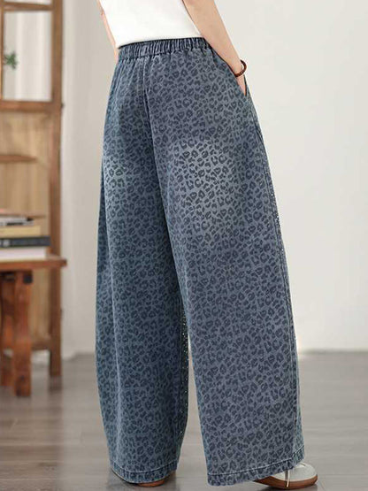 High Waisted Wide Leg Elasticity Leopard Pockets Rhinestone Shiny Solid Color Tied Waist Jean Pants Bottoms