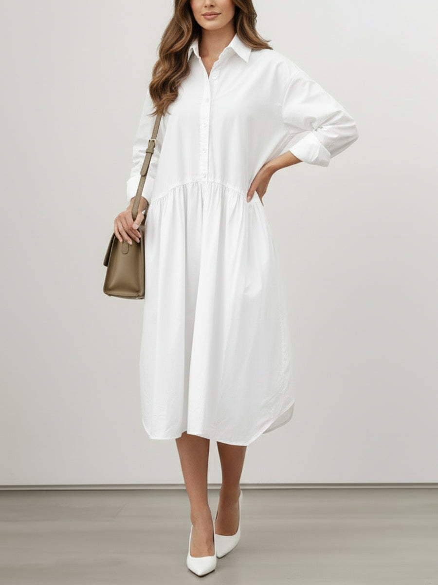 Long Sleeves Loose Buttoned Pleated Solid Color Split-Joint Lapel Midi Dresses