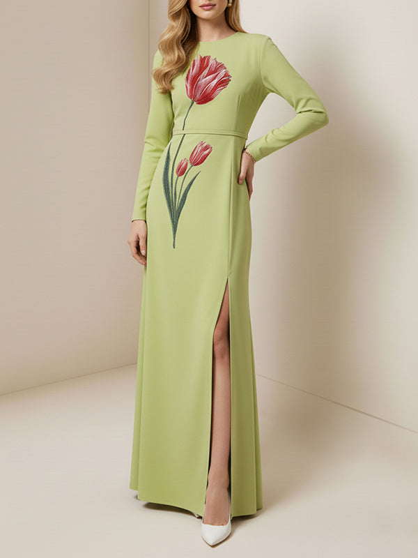 Long Sleeves Contrast Color Flower Print Split-Side Zipper Round-Neck Maxi Dresses