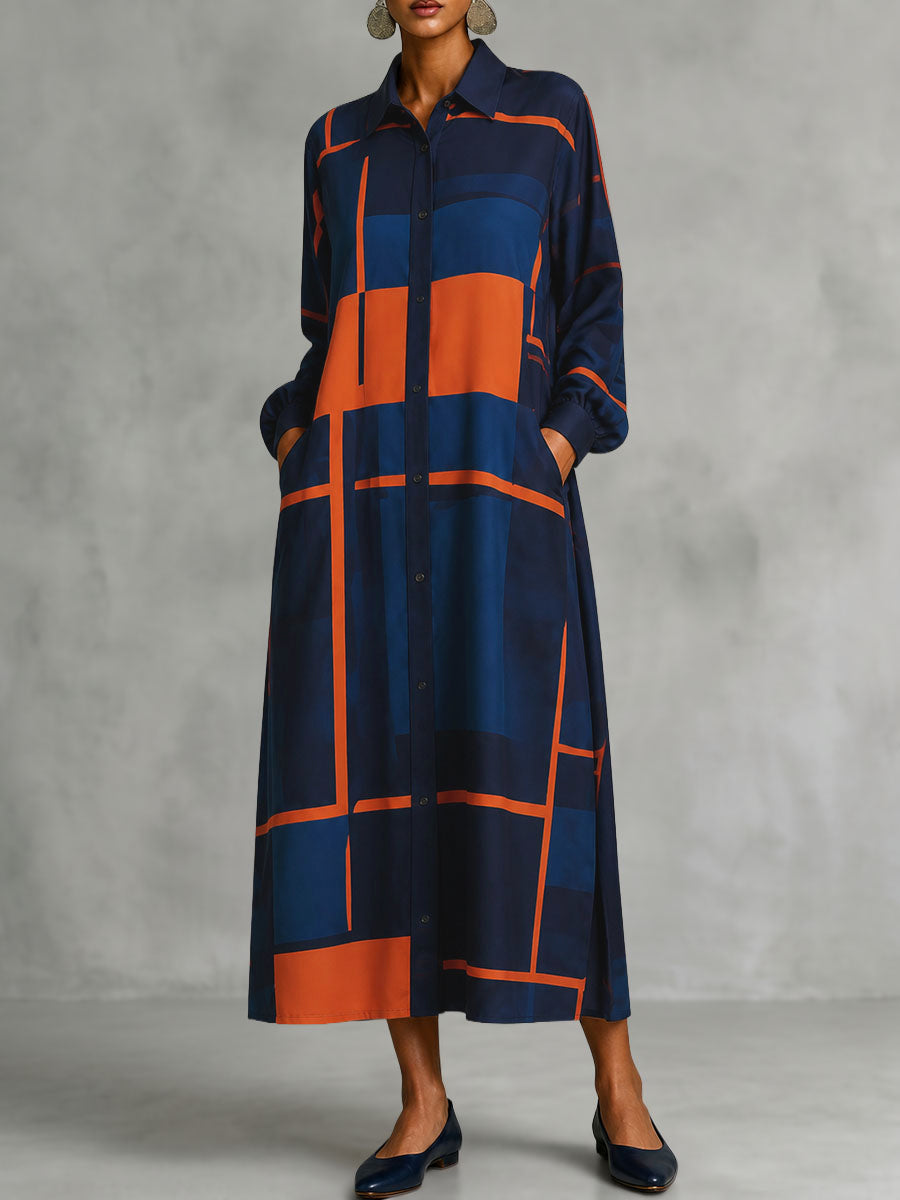Printed Pockets Contrast Color Buttoned Loose Long Sleeves Lapel Shirt Dress Maxi Dresses