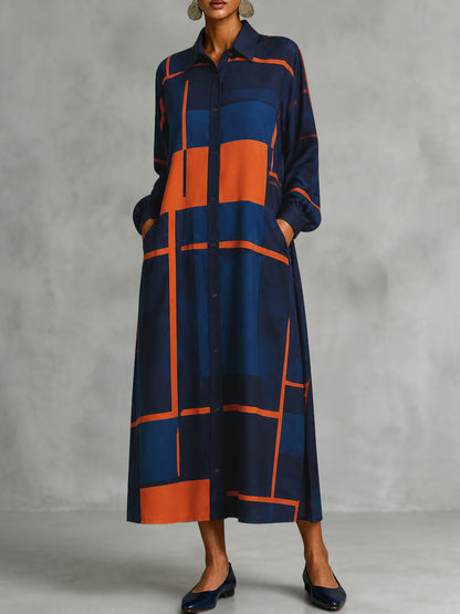 Printed Pockets Contrast Color Buttoned Loose Long Sleeves Lapel Shirt Dress Maxi Dresses