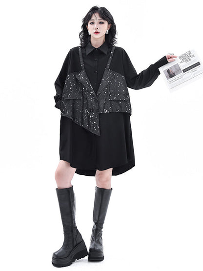 False Two Hipster Asymmetric Split-Joint Textured Lapel Collar Mini Dresses