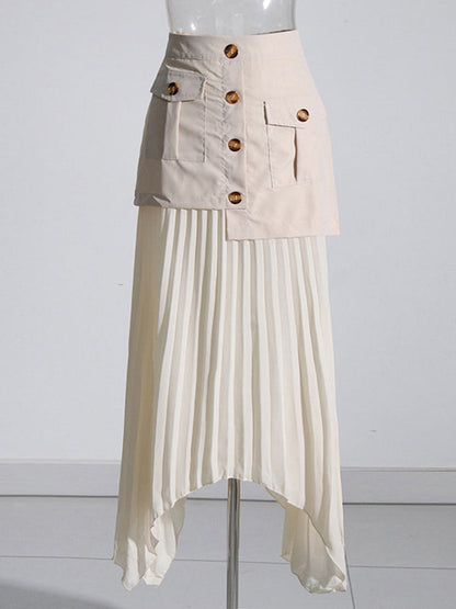A-Line Loose Asymmetric Buttoned Pleated Split-Joint Zipper Skirts Bottoms