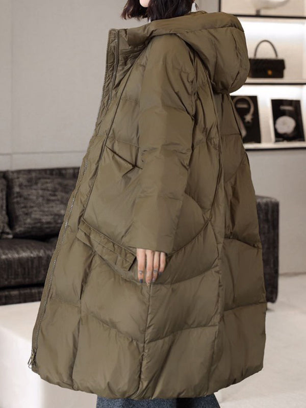 Daunenmantel mit langen Ärmeln, lockeren Taschen, einfarbiger Split-Joint-Kapuze 