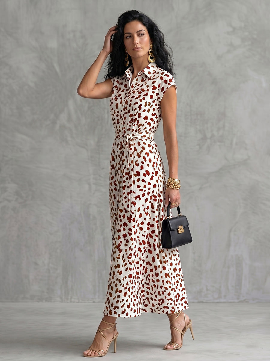 A-line Cap Sleeve Buttoned Leopard Printed Tied Waist Midi Dresses Shirt Dress