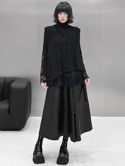 Hipster Long Sleeves See-Through Split-Joint High Neck T-Shirts Tops