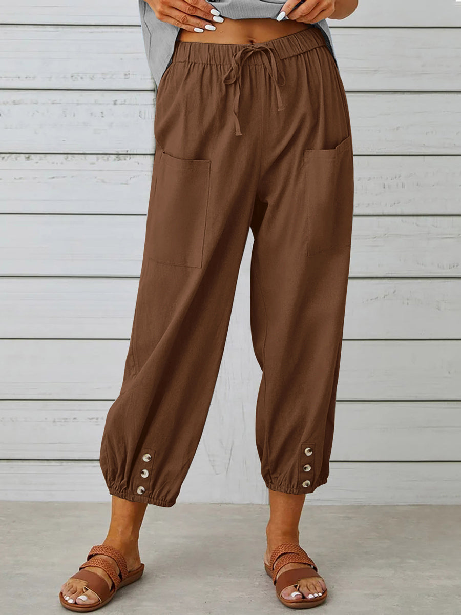 Solid Color Pockets Elasticity Drawstring Buttoned Plus Size High Waisted Trousers Ninth Pants