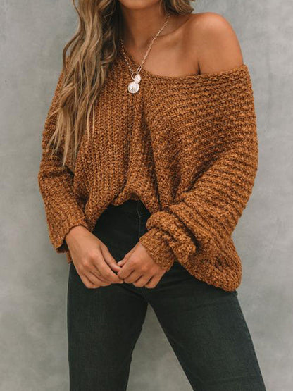 Long Sleeves Loose Solid Color V-Neck Knitwear Pullovers Sweater Tops