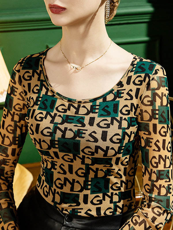 Long Sleeves Skinny Contrast Color Letter Print Round-Neck T-Shirts Tops