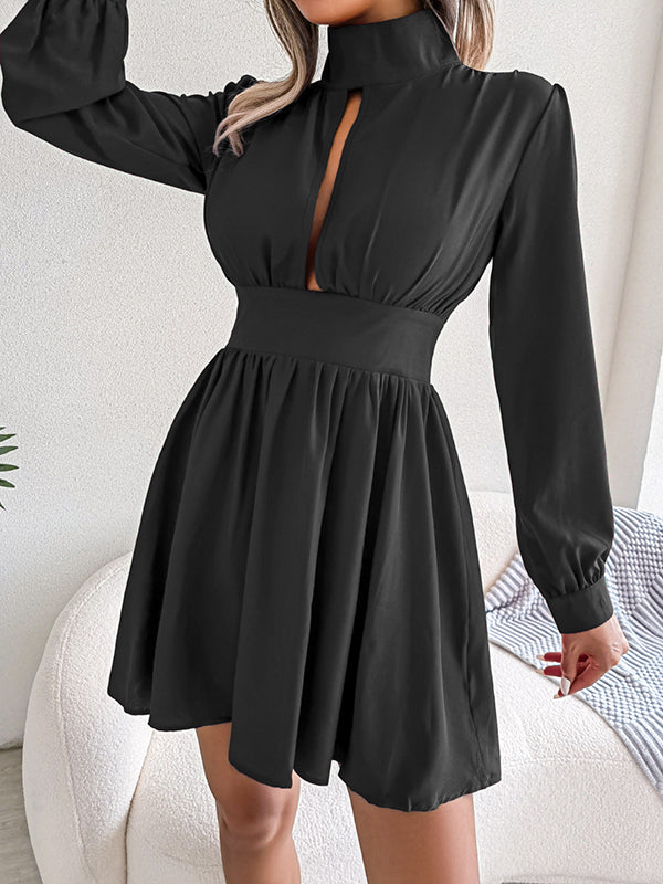 A-Line Elasticated Waist Hollow Solid Color Zipper Half Turtleneck Mini Dresses