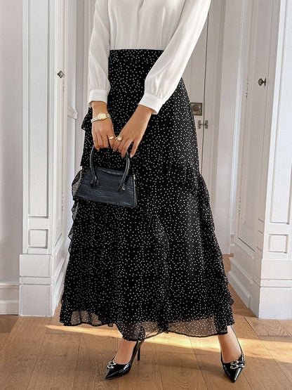 A-Line High Waisted Contrast Color Layered Polka-Dot Ruffled Split-Joint Skirts Bottoms