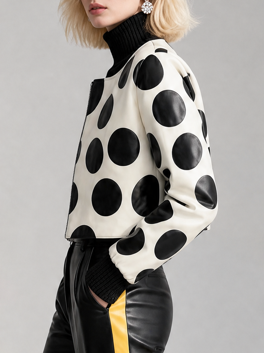 Zipper Split-Joint Polka-Dot Long Sleeves Round-neck Jackets&Coats