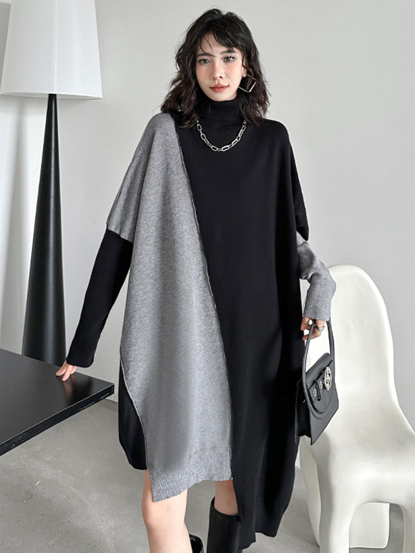 Batwing Sleeves Hipster Asymmetric Contrast Color Split-Joint High-Neck Midi Dresses Sweater Dresses
